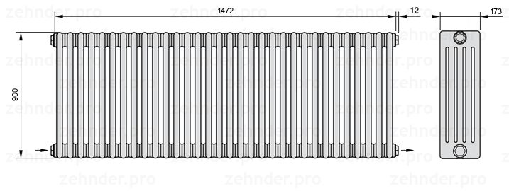 Схема (чертеж) Радиатор Zehnder Charleston 5090/32 №2670 Белый глянцевый RAL 9016